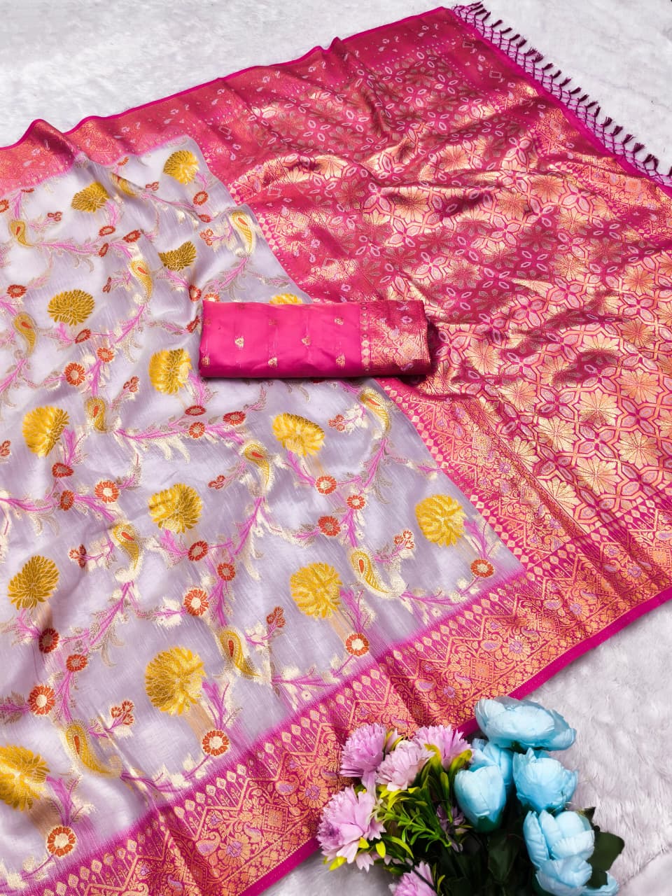 CT-GULMOHOR COTTON SILK SAREE WITH BEAUTIFUL JHAL FLORAL WEAVING DEDIGN WITH MULTI MEENA PREMIUM TASTE COLLECTION