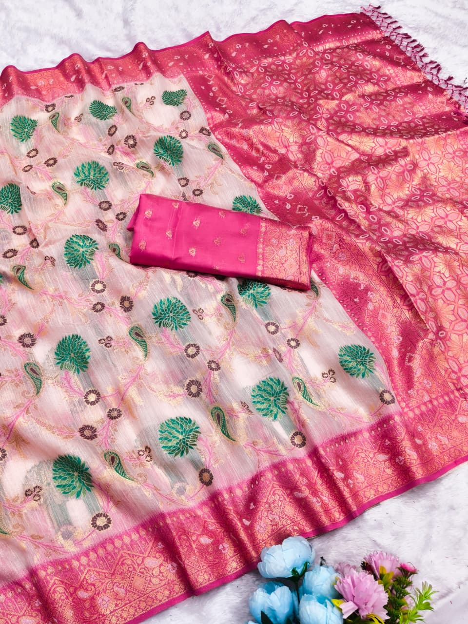 CT-GULMOHOR COTTON SILK SAREE WITH BEAUTIFUL JHAL FLORAL WEAVING DEDIGN WITH MULTI MEENA PREMIUM TASTE COLLECTION