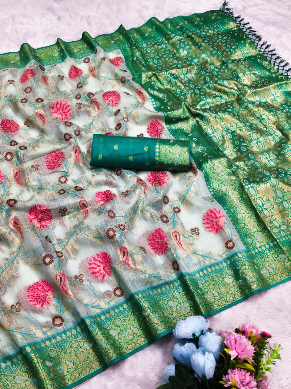 CT-GULMOHOR COTTON SILK SAREE WITH BEAUTIFUL JHAL FLORAL WEAVING DEDIGN WITH MULTI MEENA PREMIUM TASTE COLLECTION