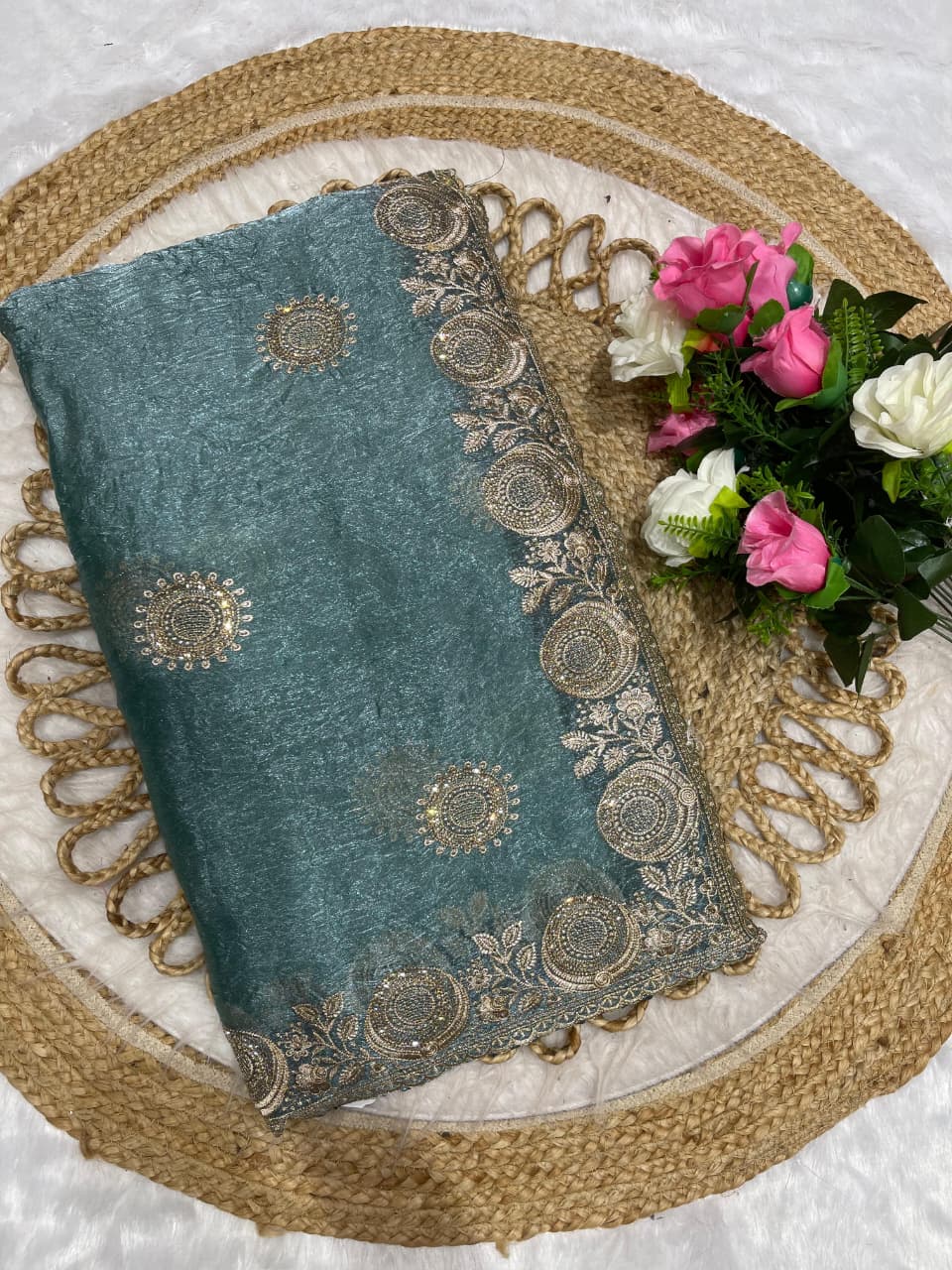 BS-GREEN-APPLE CRUSH CHIFFON SAREE WITH BEAUTIFUL SILVER EMBORIDERY WORK WITH DIAMOND AND HEAVY BLOUSE