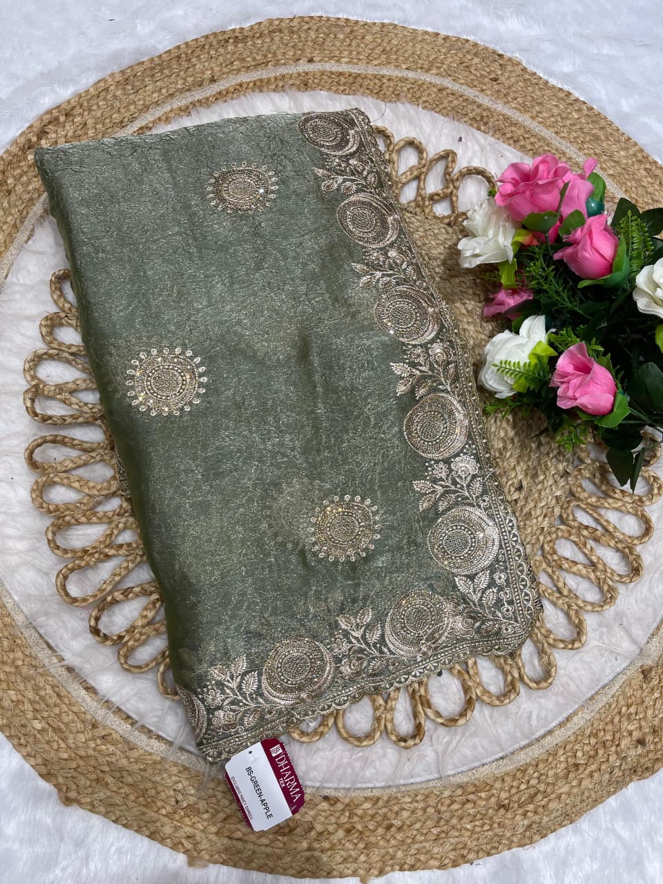 BS-GREEN-APPLE CRUSH CHIFFON SAREE WITH BEAUTIFUL SILVER EMBORIDERY WORK WITH DIAMOND AND HEAVY BLOUSE