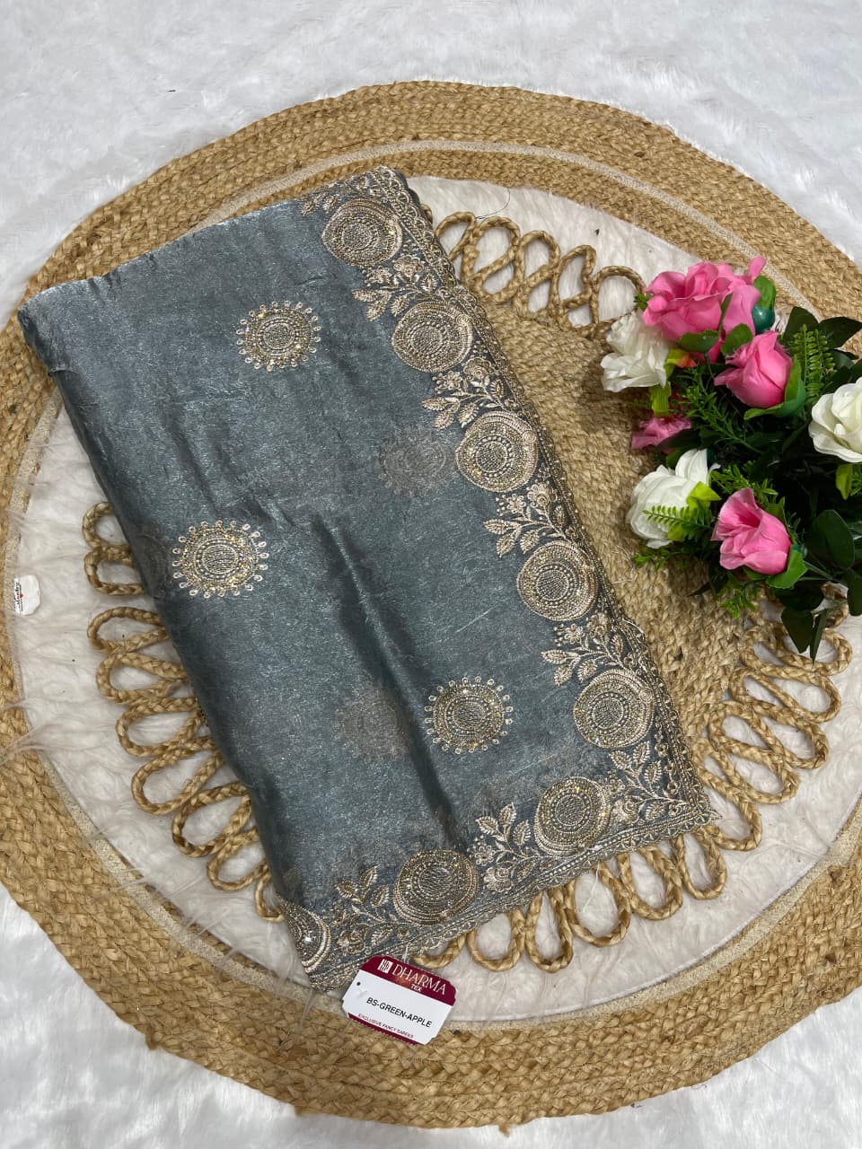 BS-GREEN-APPLE CRUSH CHIFFON SAREE WITH BEAUTIFUL SILVER EMBORIDERY WORK WITH DIAMOND AND HEAVY BLOUSE