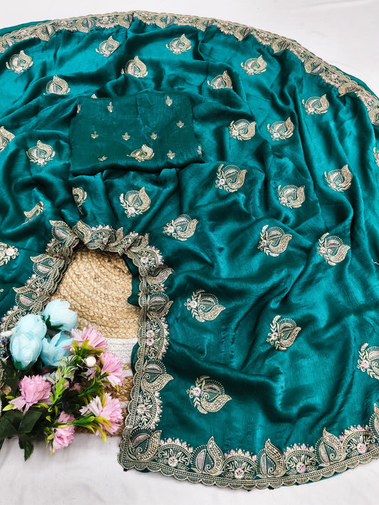 DF-MAHERA FENDI SILK SAREE WITH BEAUTIFUL EMBROIDERY WORK THREAD WORK WITH JARKAN WORK