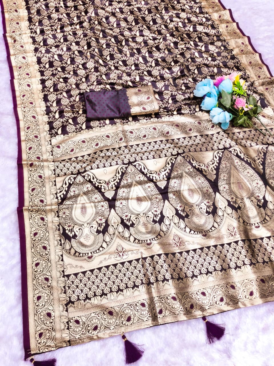 AJ-SATIN-TAMANNA SATIN SILK SAREE WITH RICH PALLU AND BEAUTIFUL MEENAKARI WORK WITH DARK MATCHING