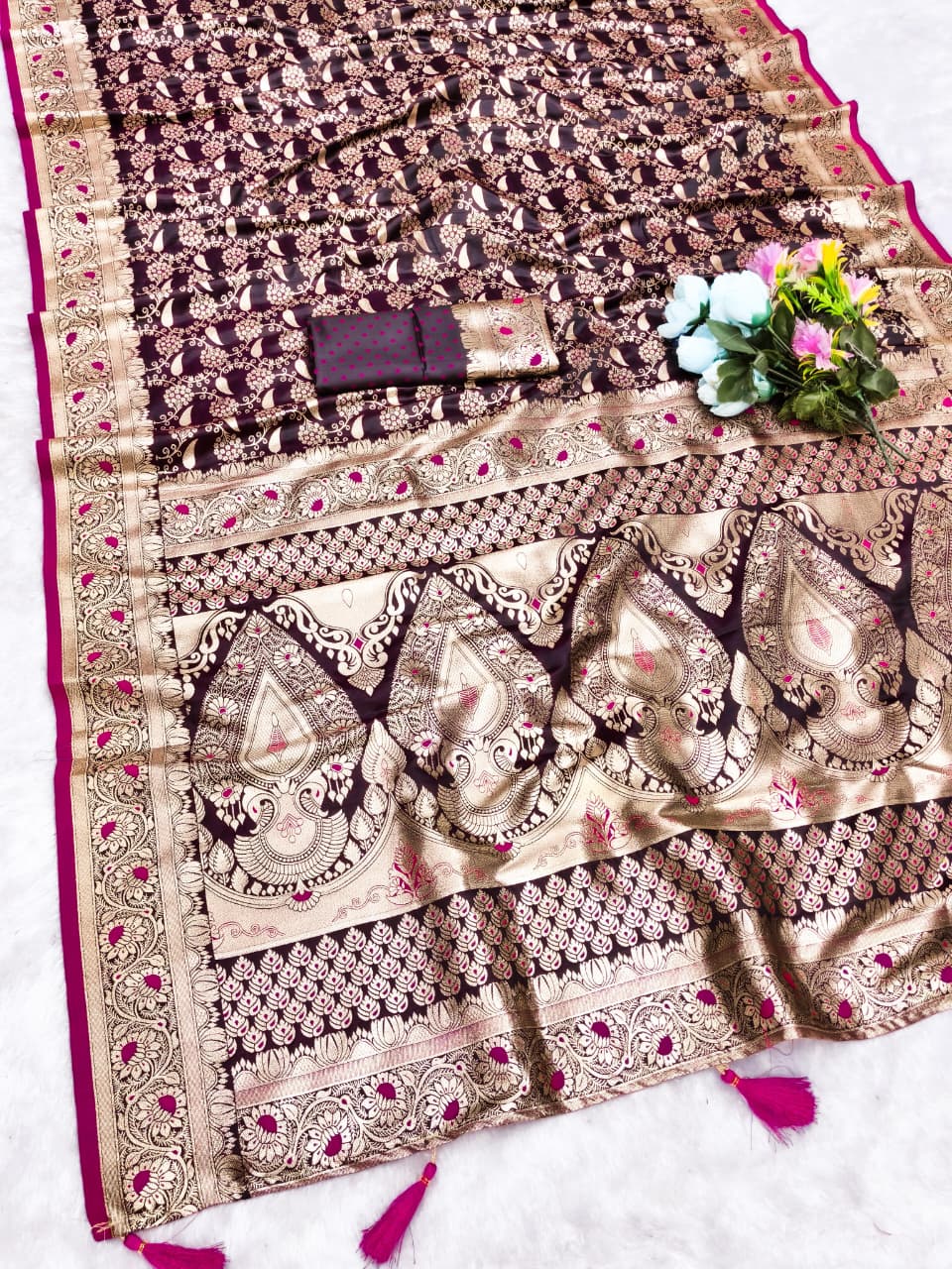 AJ-SATIN-TAMANNA SATIN SILK SAREE WITH RICH PALLU AND BEAUTIFUL MEENAKARI WORK WITH DARK MATCHING