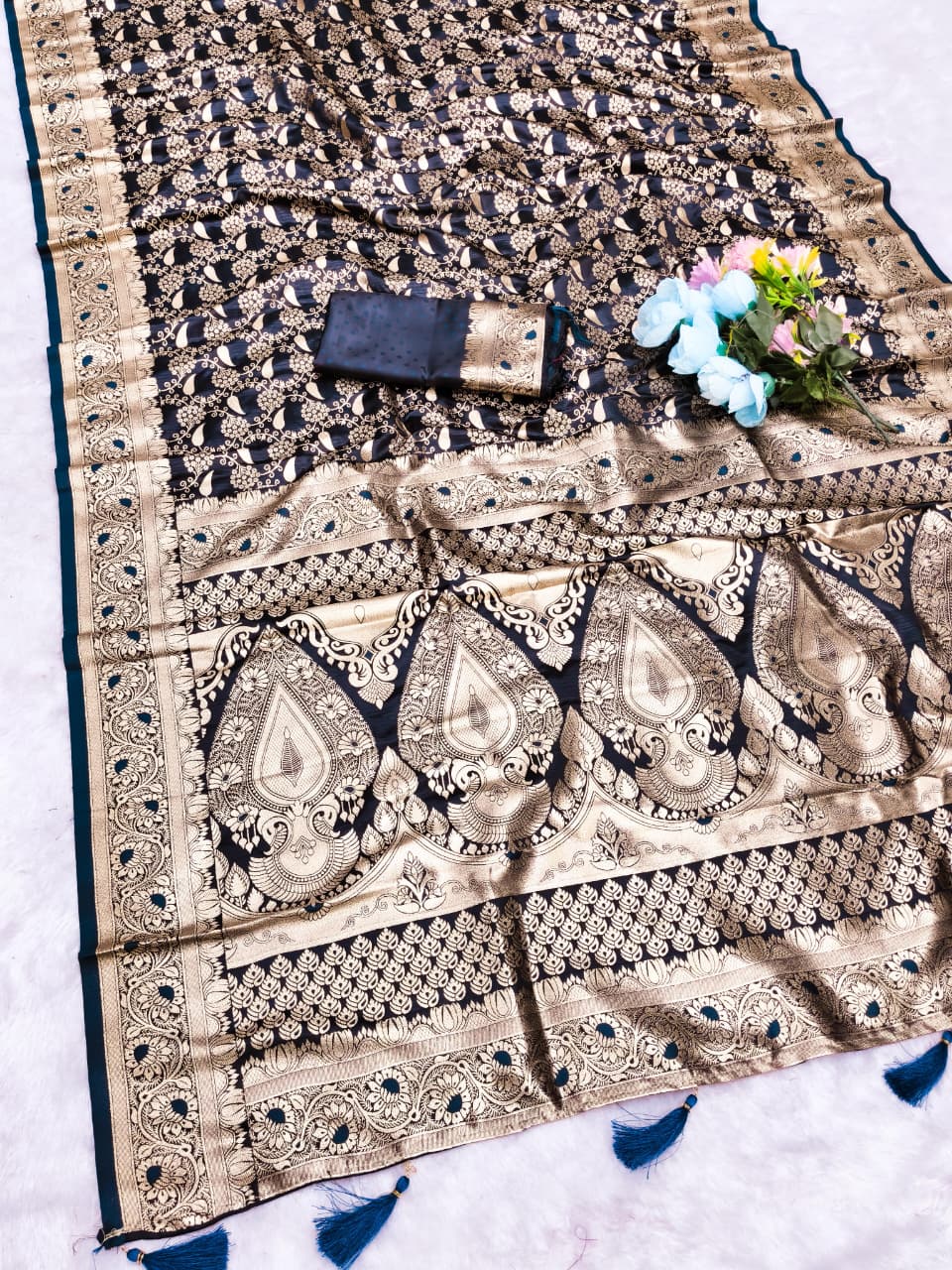 AJ-SATIN-TAMANNA SATIN SILK SAREE WITH RICH PALLU AND BEAUTIFUL MEENAKARI WORK WITH DARK MATCHING