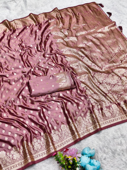 AJ-SATIN-AGRA SATIN SILK SAREE WITH RICH PALLU AND BEAUTIFUL DUSTY MATCHING PURE BOLLYWOOD DESIGN