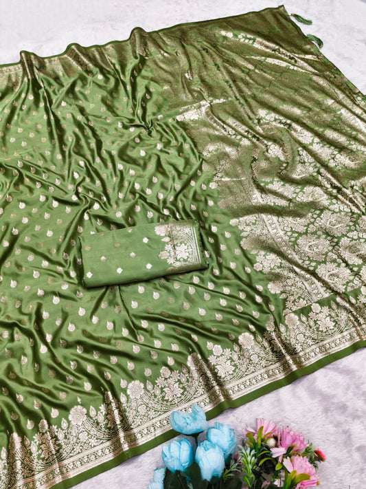 AJ-SATIN-AGRA SATIN SILK SAREE WITH RICH PALLU AND BEAUTIFUL DUSTY MATCHING PURE BOLLYWOOD DESIGN