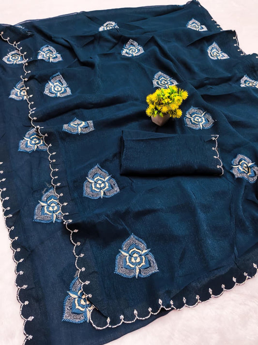 DF-PRINSHI SIMMER SAREE WITH EMBORIDERY WORK WITH THREAD AND DIAMOND WORK