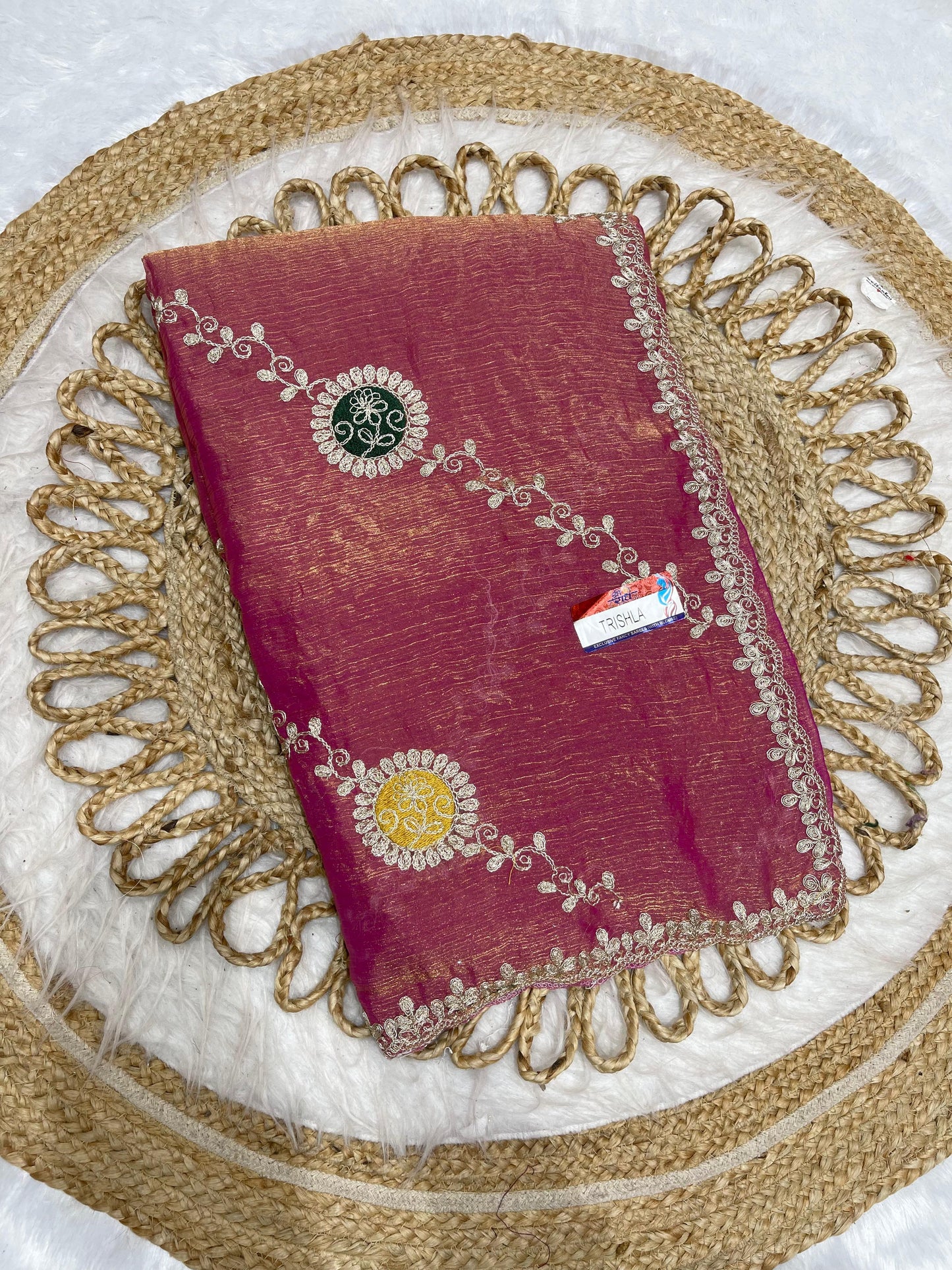 KAS-TRISHLA FENDI SAREE WITH EMBORIDERY WORK WITH LAHERIA DESIGN AND UNIQUE STLYE FABRIC ATTACHED WITH PEETHA WORK
