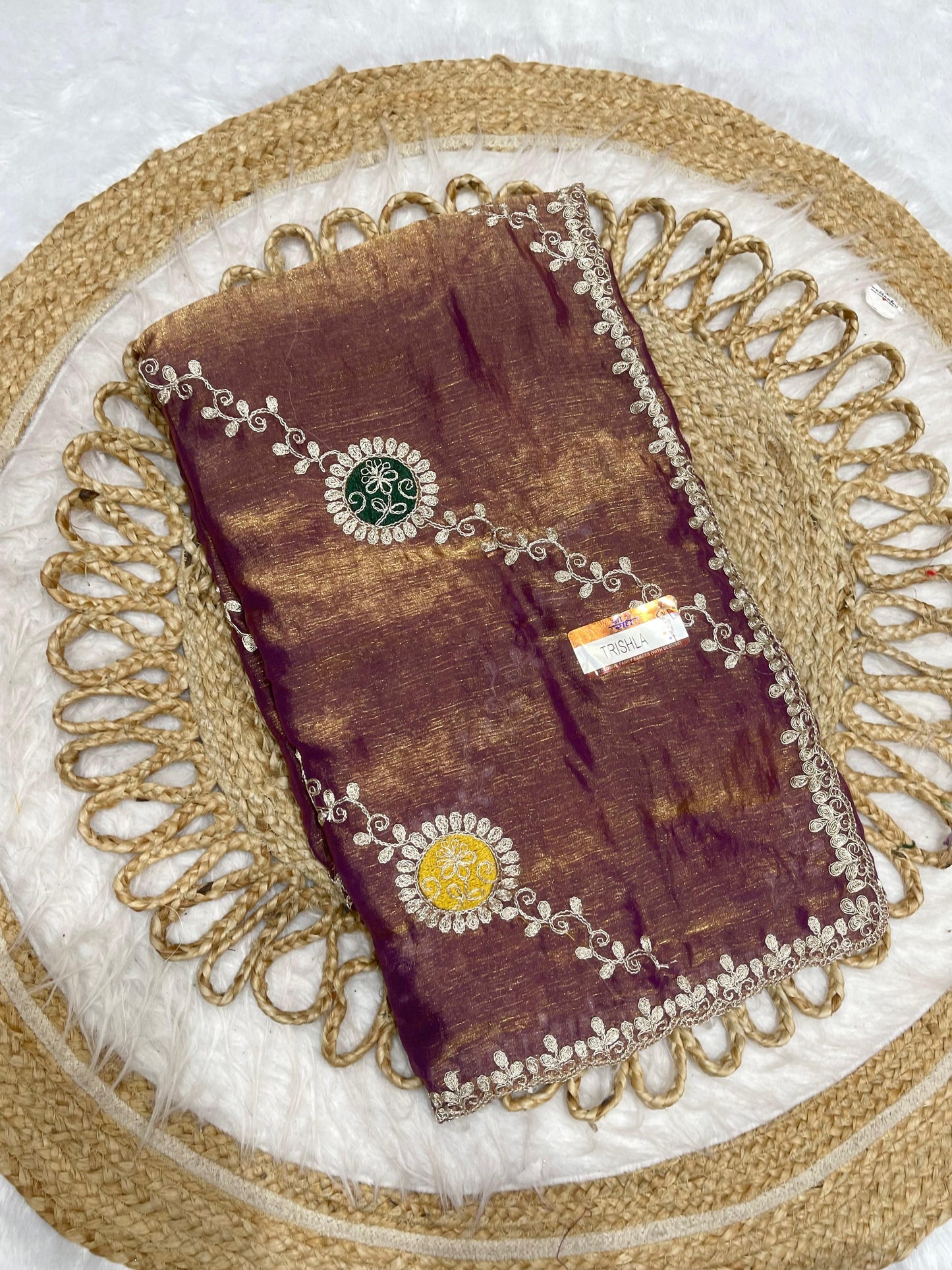KAS-TRISHLA FENDI SAREE WITH EMBORIDERY WORK WITH LAHERIA DESIGN AND UNIQUE STLYE FABRIC ATTACHED WITH PEETHA WORK