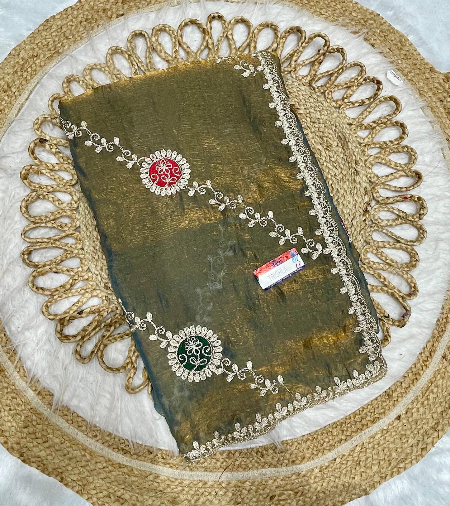 KAS-TRISHLA FENDI SAREE WITH EMBORIDERY WORK WITH LAHERIA DESIGN AND UNIQUE STLYE FABRIC ATTACHED WITH PEETHA WORK