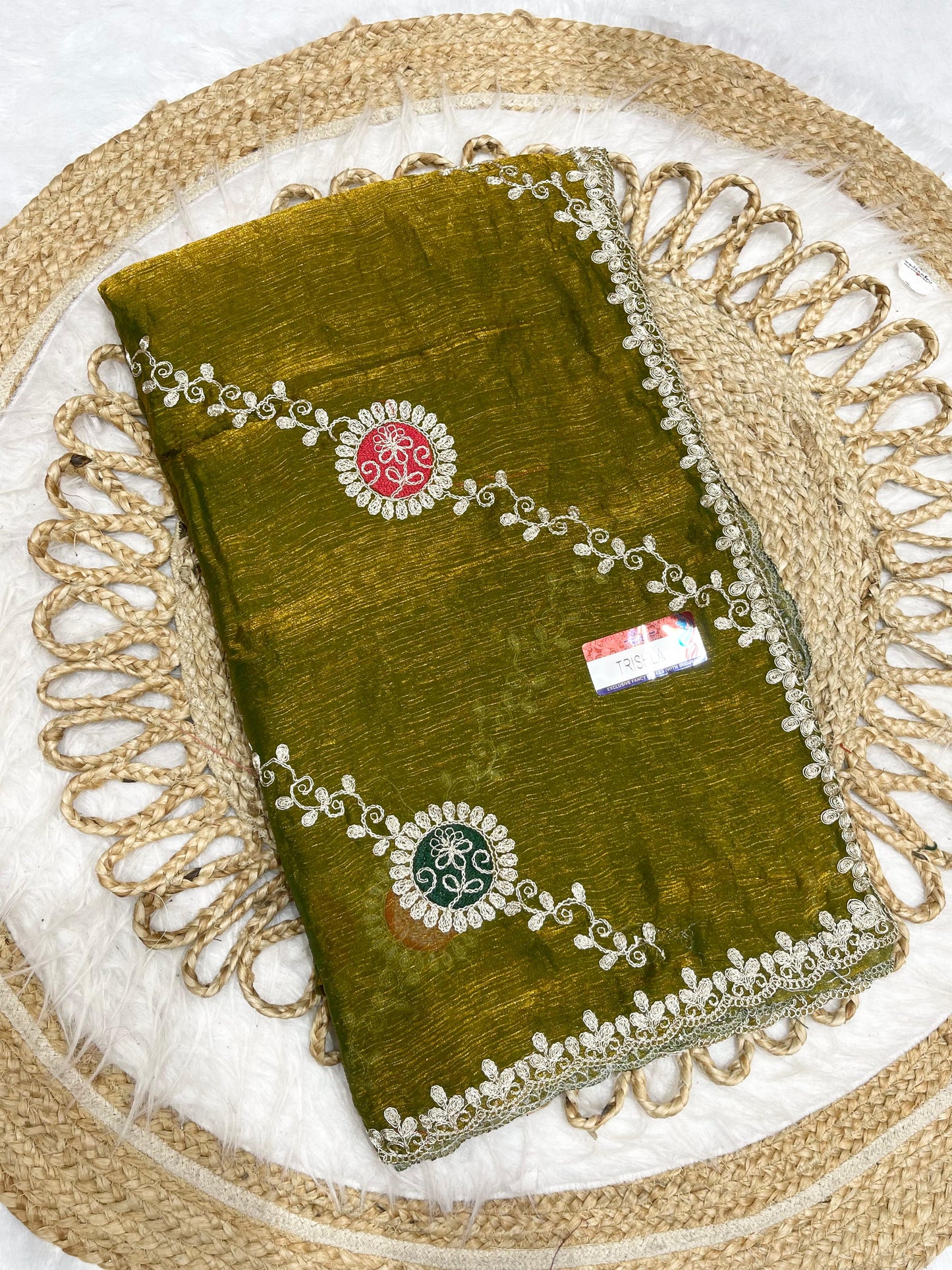 KAS-TRISHLA FENDI SAREE WITH EMBORIDERY WORK WITH LAHERIA DESIGN AND UNIQUE STLYE FABRIC ATTACHED WITH PEETHA WORK
