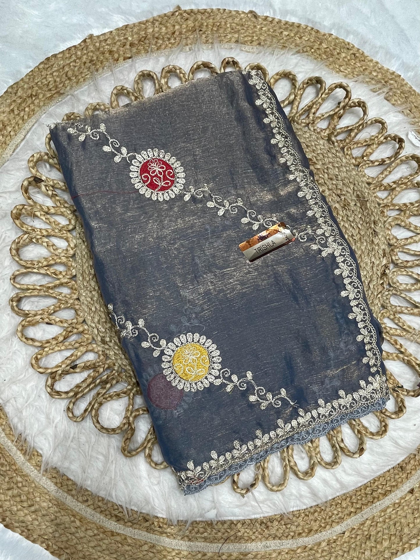 KAS-TRISHLA FENDI SAREE WITH EMBORIDERY WORK WITH LAHERIA DESIGN AND UNIQUE STLYE FABRIC ATTACHED WITH PEETHA WORK