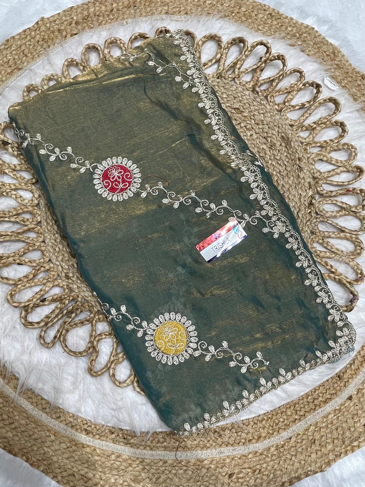 KAS-TRISHLA FENDI SAREE WITH EMBORIDERY WORK WITH LAHERIA DESIGN AND UNIQUE STLYE FABRIC ATTACHED WITH PEETHA WORK
