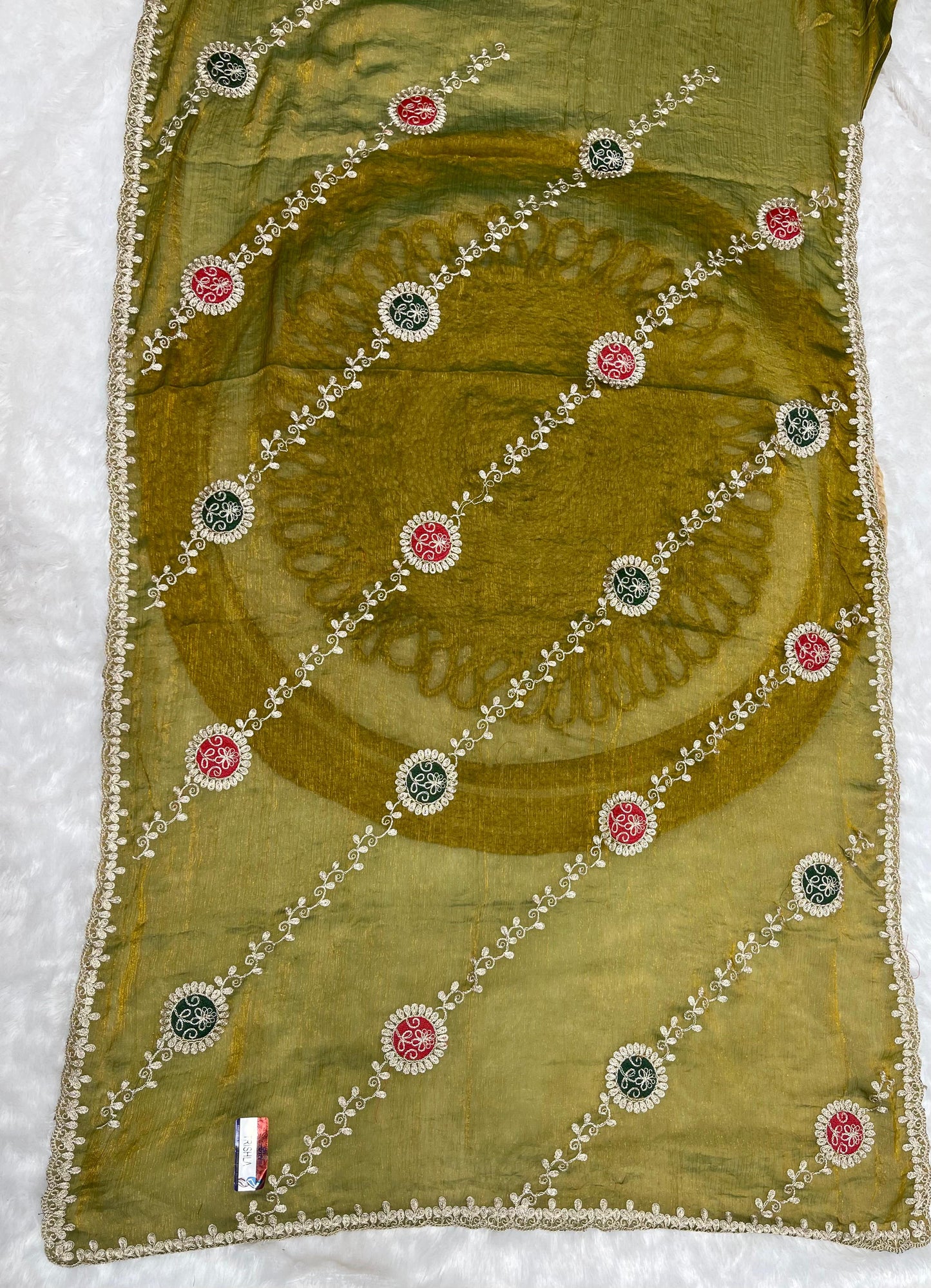 KAS-TRISHLA FENDI SAREE WITH EMBORIDERY WORK WITH LAHERIA DESIGN AND UNIQUE STLYE FABRIC ATTACHED WITH PEETHA WORK