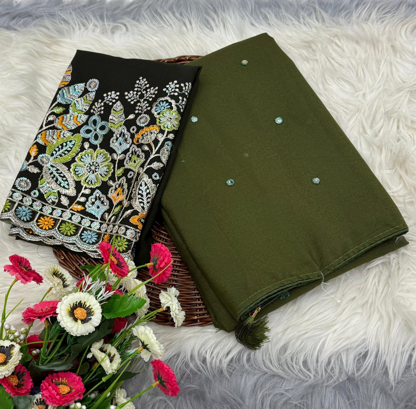 NN-2058 star georgett chiffon fabric with mirror work allover sareewith pipping and tussels with contrast sequence embroidary blouse