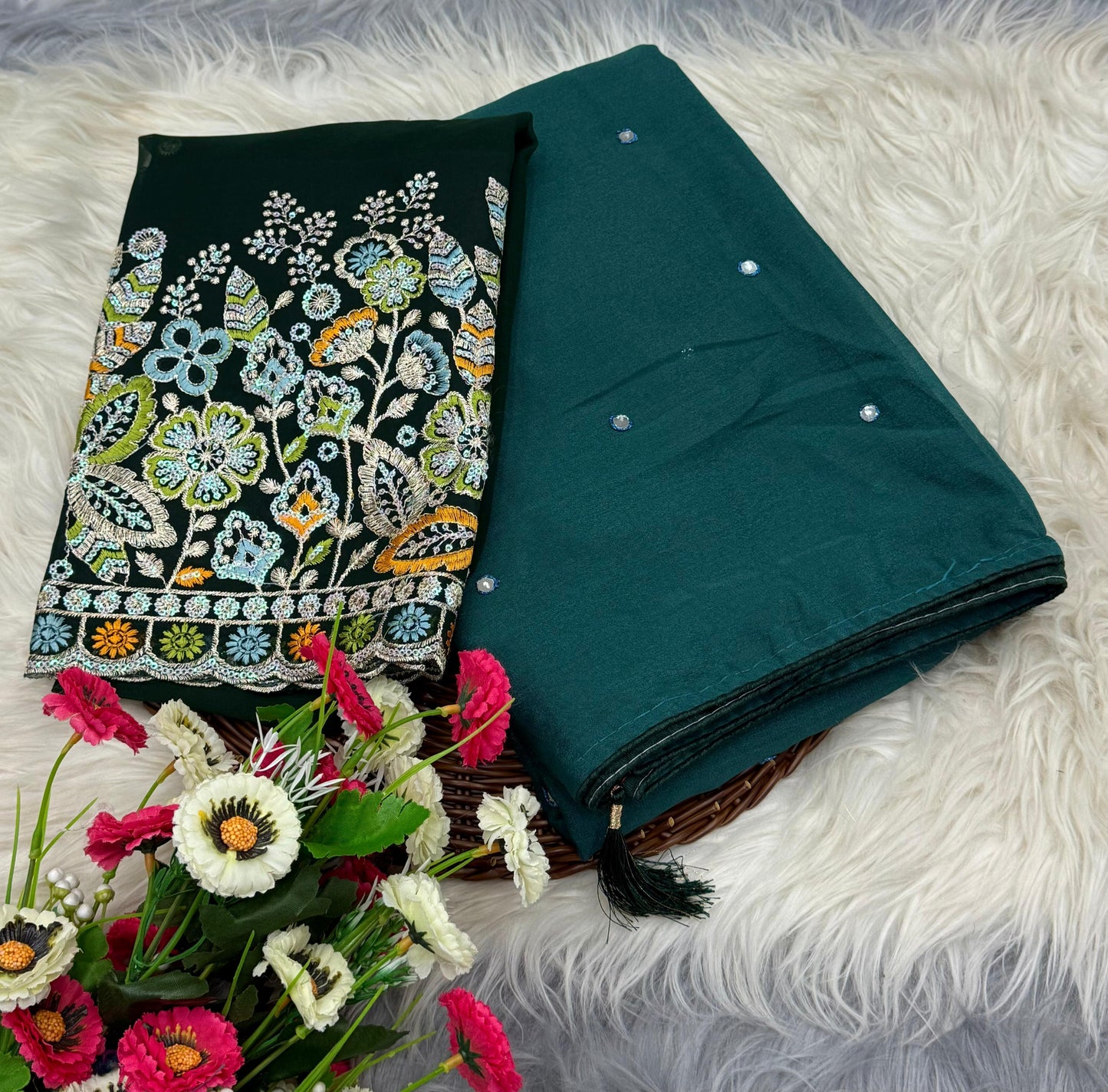 NN-2058 star georgett chiffon fabric with mirror work allover sareewith pipping and tussels with contrast sequence embroidary blouse