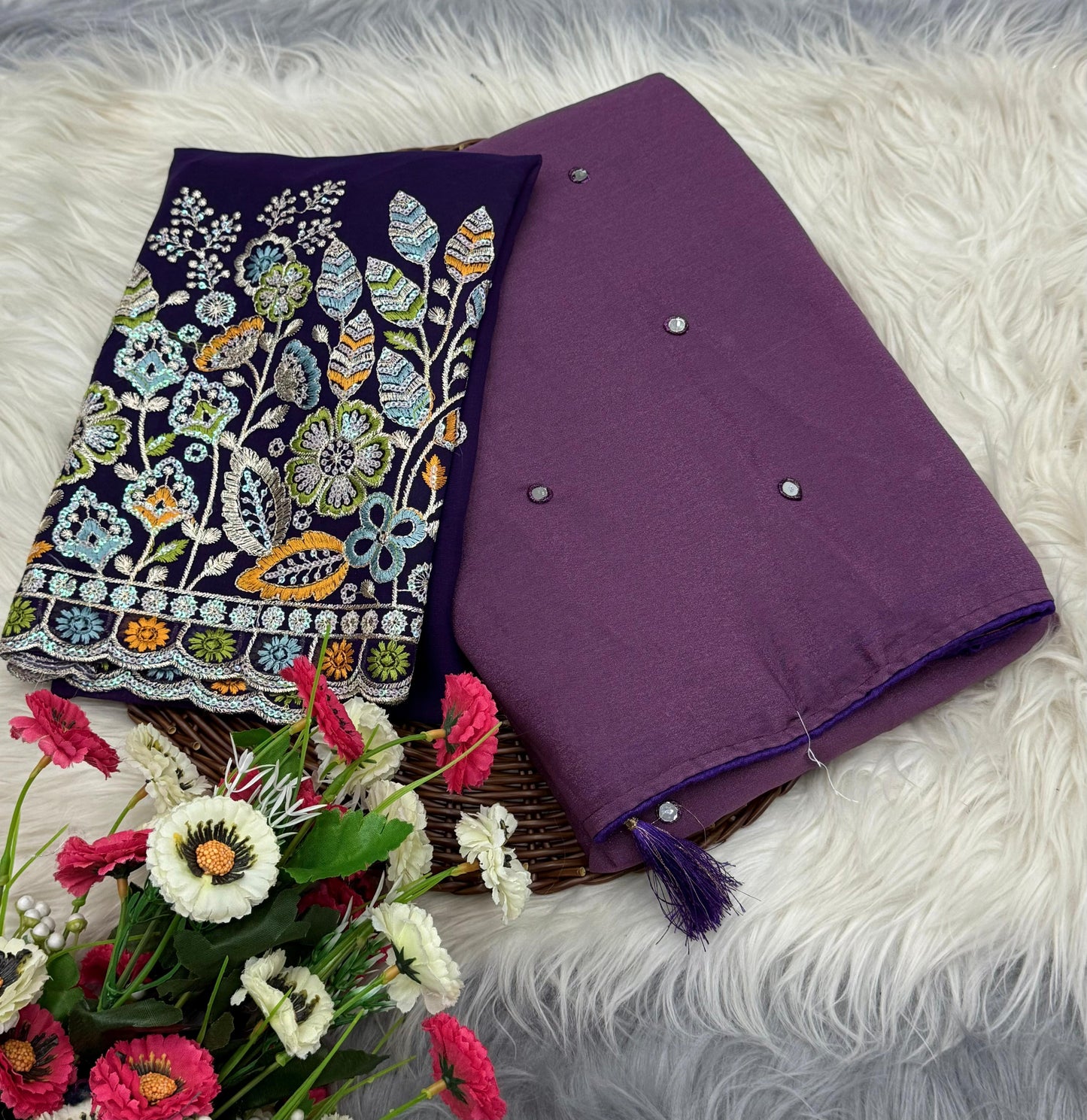 NN-2058 star georgett chiffon fabric with mirror work allover sareewith pipping and tussels with contrast sequence embroidary blouse