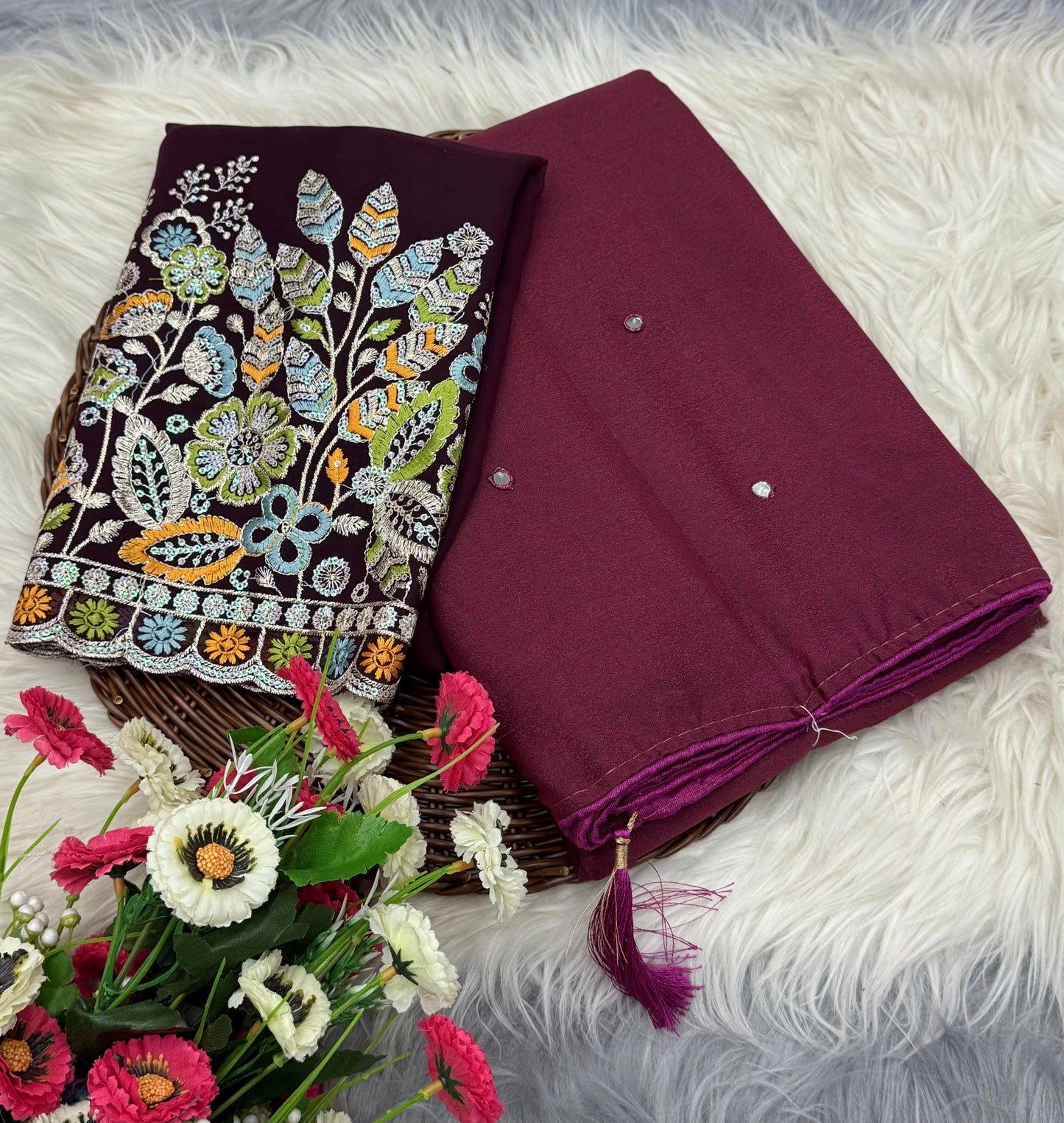 NN-2058 star georgett chiffon fabric with mirror work allover sareewith pipping and tussels with contrast sequence embroidary blouse