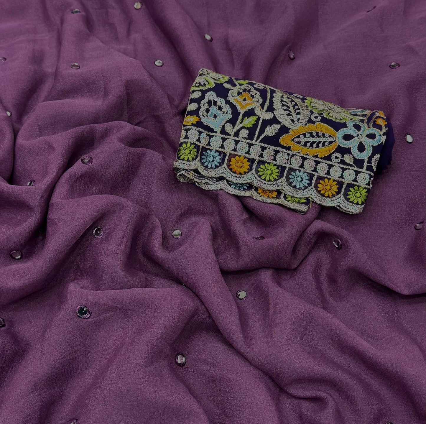 NN-2058 star georgett chiffon fabric with mirror work allover sareewith pipping and tussels with contrast sequence embroidary blouse