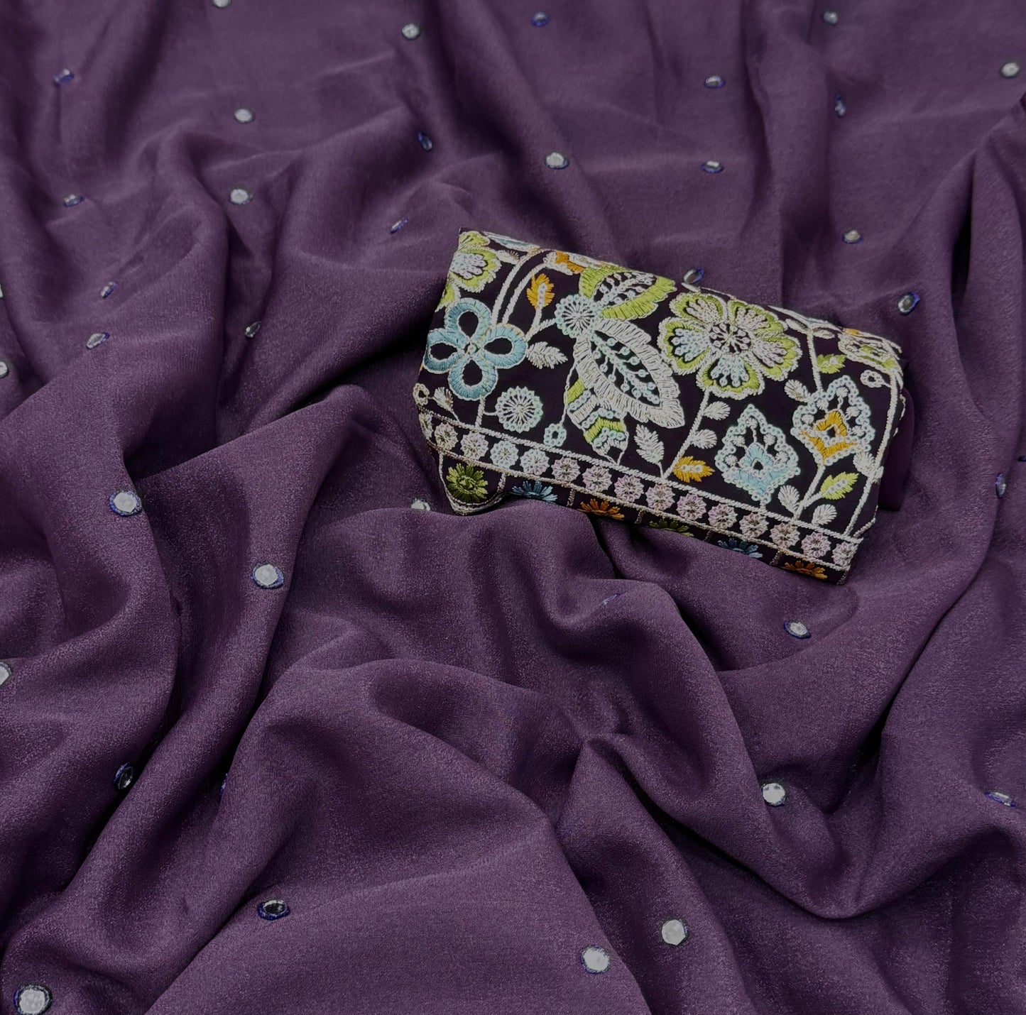 NN-2058 star georgett chiffon fabric with mirror work allover sareewith pipping and tussels with contrast sequence embroidary blouse