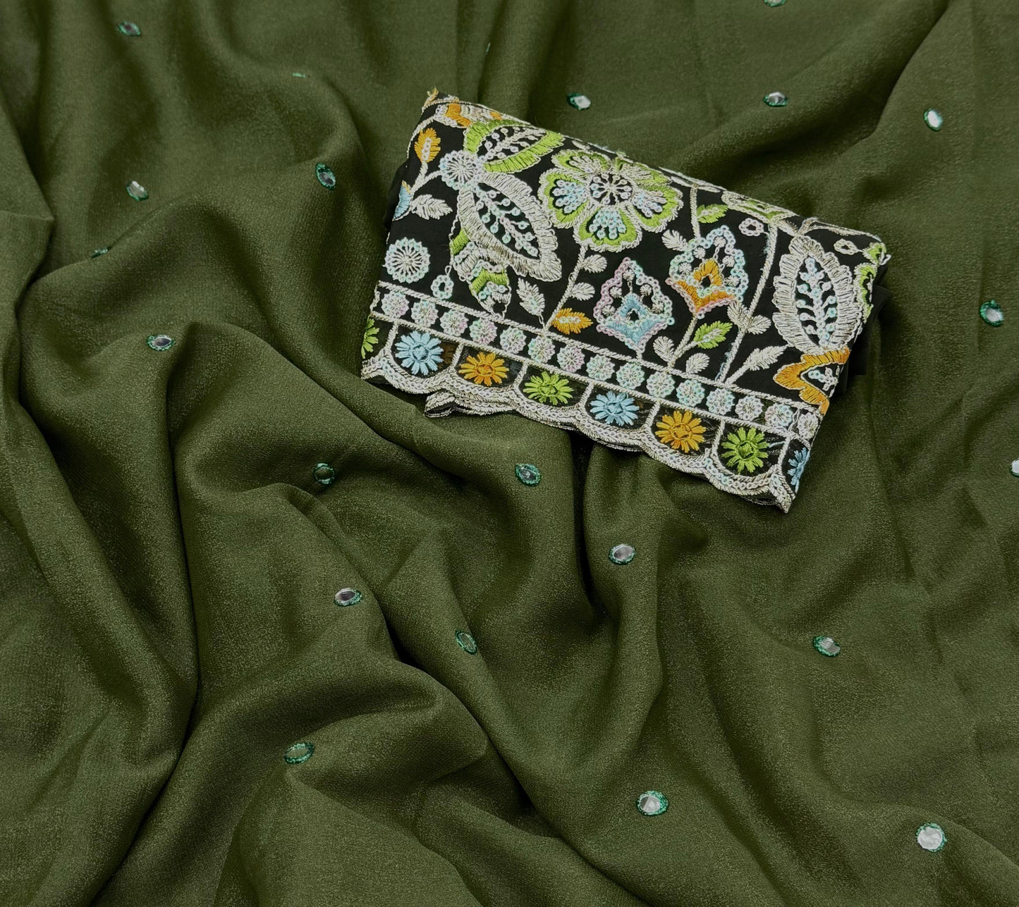 NN-2058 star georgett chiffon fabric with mirror work allover sareewith pipping and tussels with contrast sequence embroidary blouse