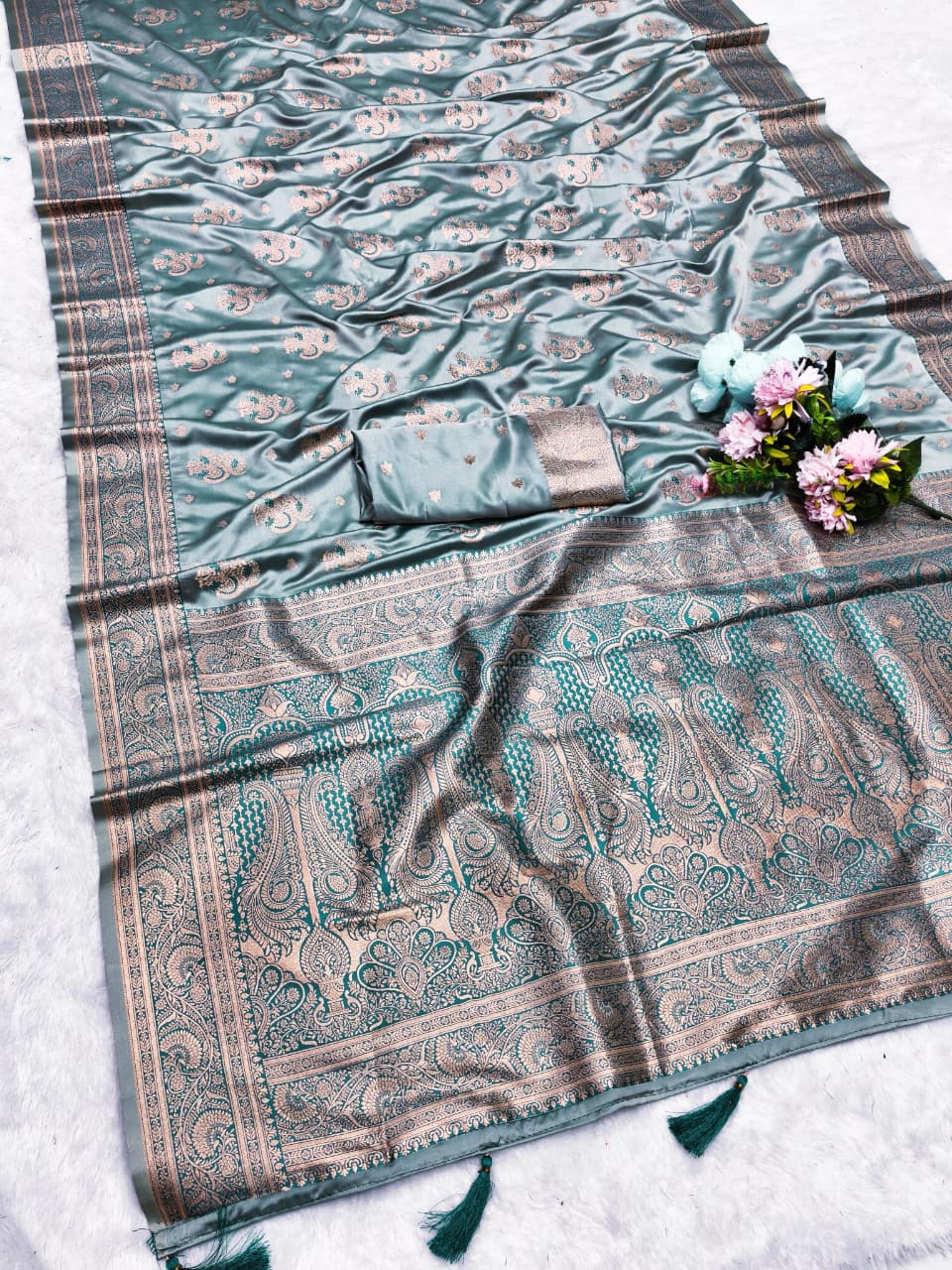 Aj-SATIN-KHUSI SATIN SILK SAREE WITH BEAUTIFUL LIGHT MAATCHING SAREE WITH RICH PALLU WITH MEENA KARI WORK ALL OVER THE SAREE