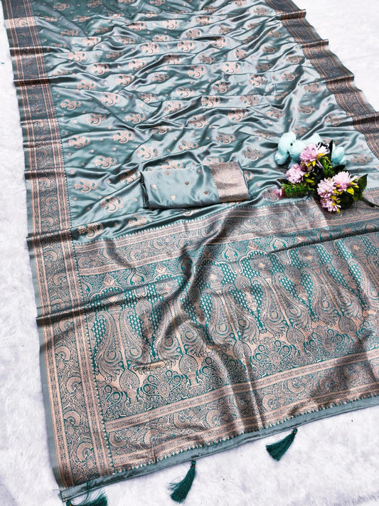 Aj-SATIN-KHUSI SATIN SILK SAREE WITH BEAUTIFUL LIGHT MAATCHING SAREE WITH RICH PALLU WITH MEENA KARI WORK ALL OVER THE SAREE