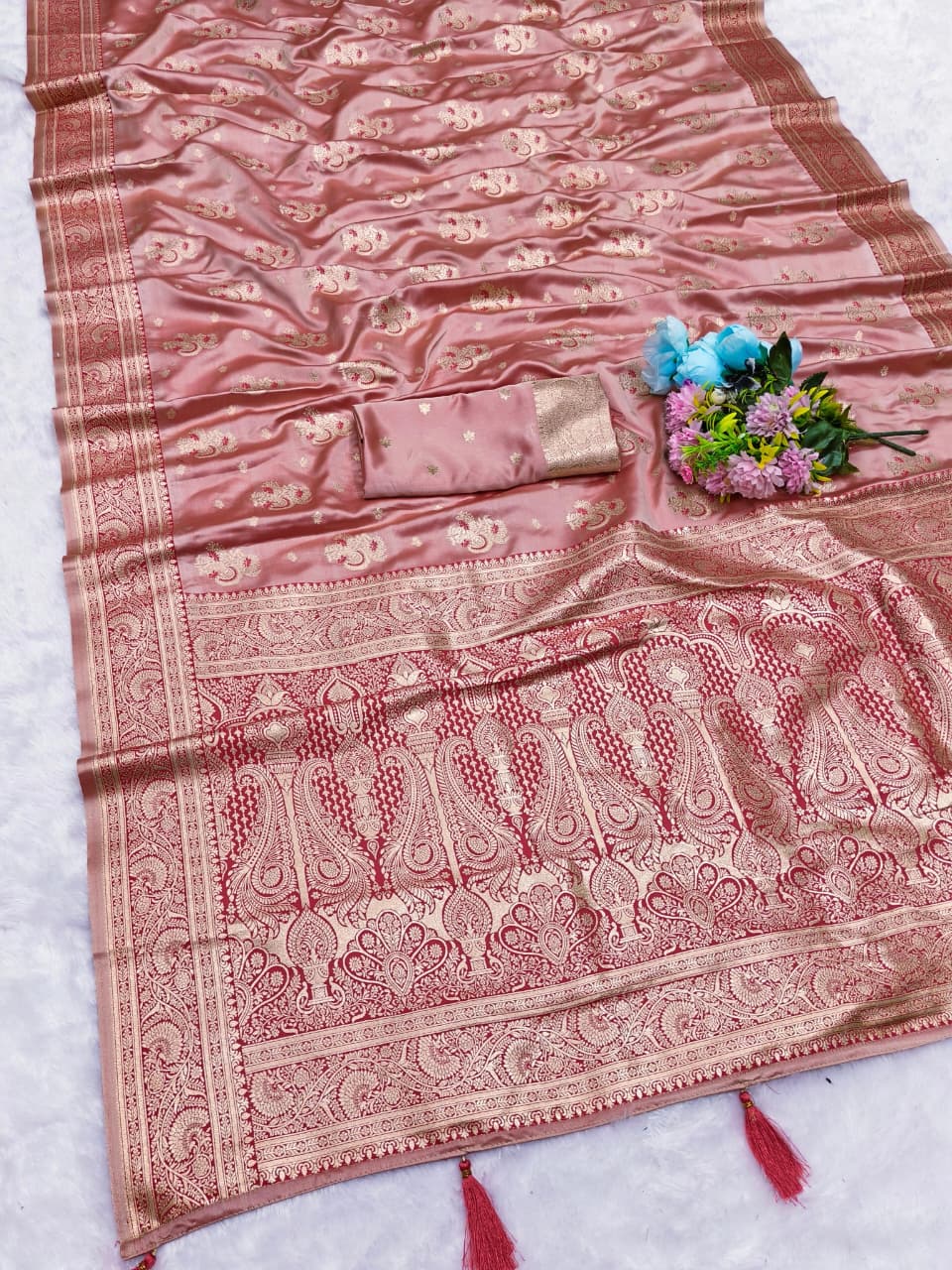 Aj-SATIN-KHUSI SATIN SILK SAREE WITH BEAUTIFUL LIGHT MAATCHING SAREE WITH RICH PALLU WITH MEENA KARI WORK ALL OVER THE SAREE