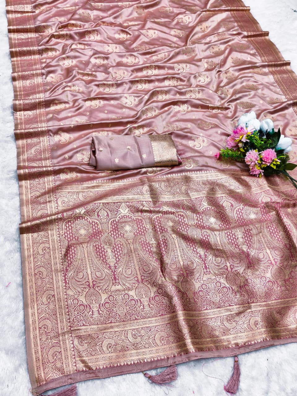 Aj-SATIN-KHUSI SATIN SILK SAREE WITH BEAUTIFUL LIGHT MAATCHING SAREE WITH RICH PALLU WITH MEENA KARI WORK ALL OVER THE SAREE
