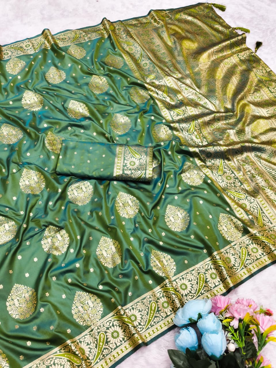 AJ-SHEETAL SOFT SILK SAREE WITH SATIN LOOK WITH MEENAKARI WORK SPECIAL BANARAS DESIGN WITH RICH PALLU