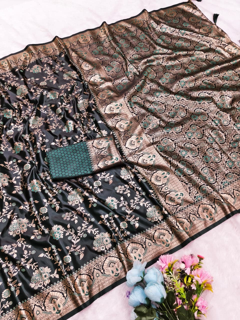 AJ-SATIN MORBI SATIN SILK SAREE WITH BEAUTIFUL BANARAS FAMOUS JHAL DESIGN WITH MEENAKARI WORK WITH TASSELS