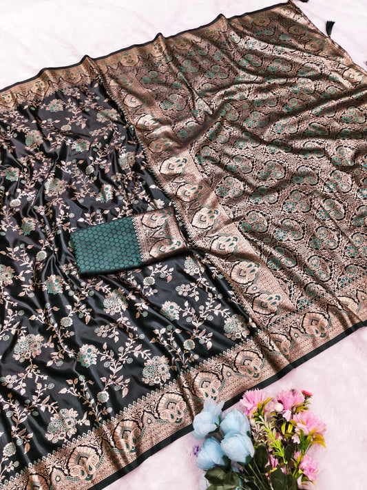 AJ-SATIN MORBI SATIN SILK SAREE WITH BEAUTIFUL BANARAS FAMOUS JHAL DESIGN WITH MEENAKARI WORK WITH TASSELS