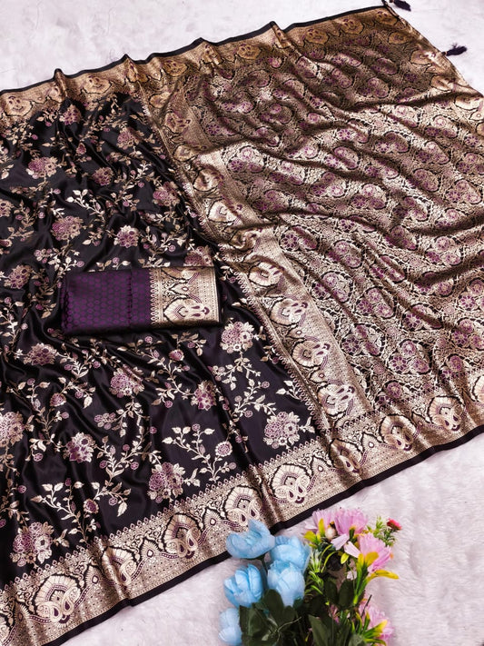 AJ-SATIN MORBI SATIN SILK SAREE WITH BEAUTIFUL BANARAS FAMOUS JHAL DESIGN WITH MEENAKARI WORK WITH TASSELS