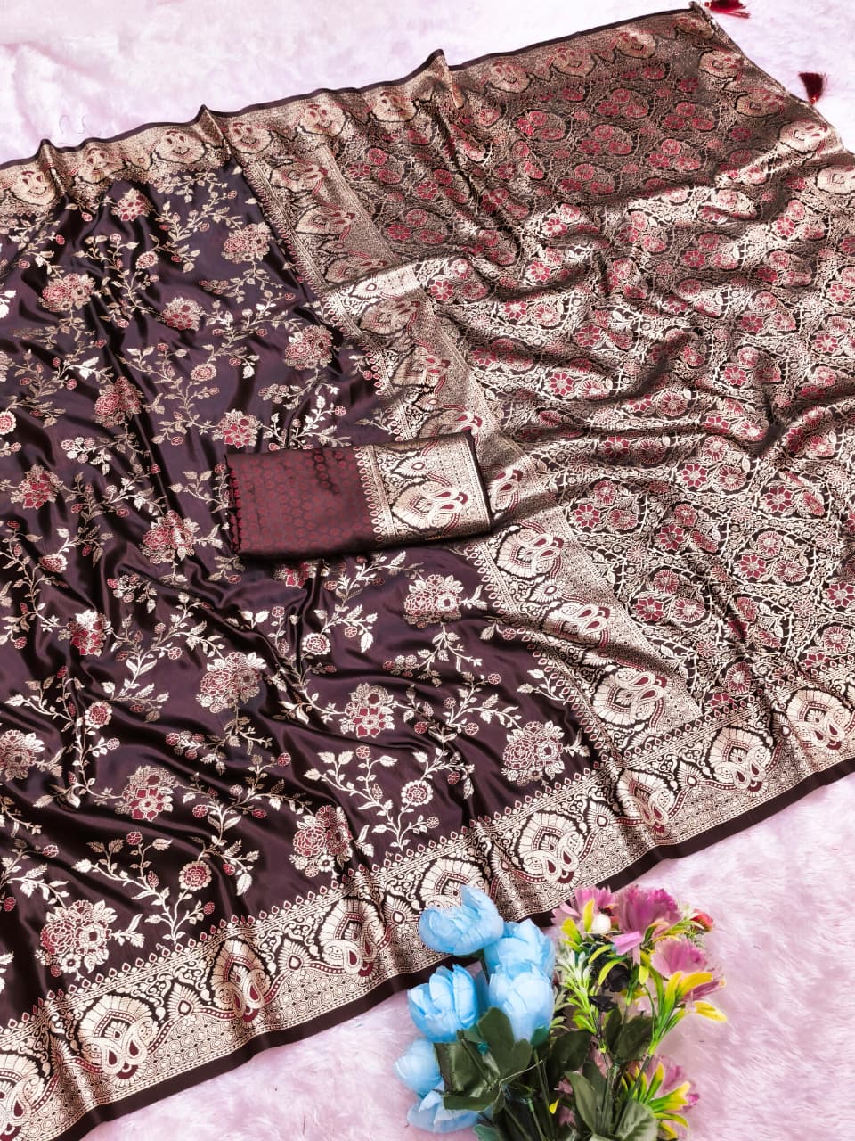 AJ-SATIN MORBI SATIN SILK SAREE WITH BEAUTIFUL BANARAS FAMOUS JHAL DESIGN WITH MEENAKARI WORK WITH TASSELS