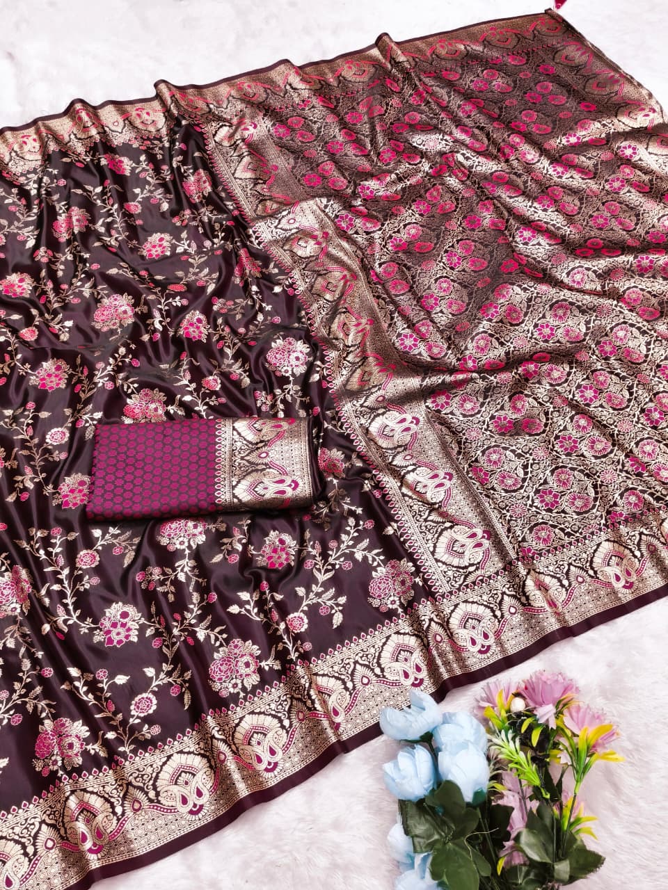 AJ-SATIN MORBI SATIN SILK SAREE WITH BEAUTIFUL BANARAS FAMOUS JHAL DESIGN WITH MEENAKARI WORK WITH TASSELS