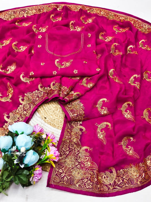 DF-DHARAMVEER SPACE SILK SAREE WITH BEAUTIFUL PEACOCK DESIGN EMBORIDERY WITH PEACOCK ON BODY ALSO WITH HEAVY BLOUSE