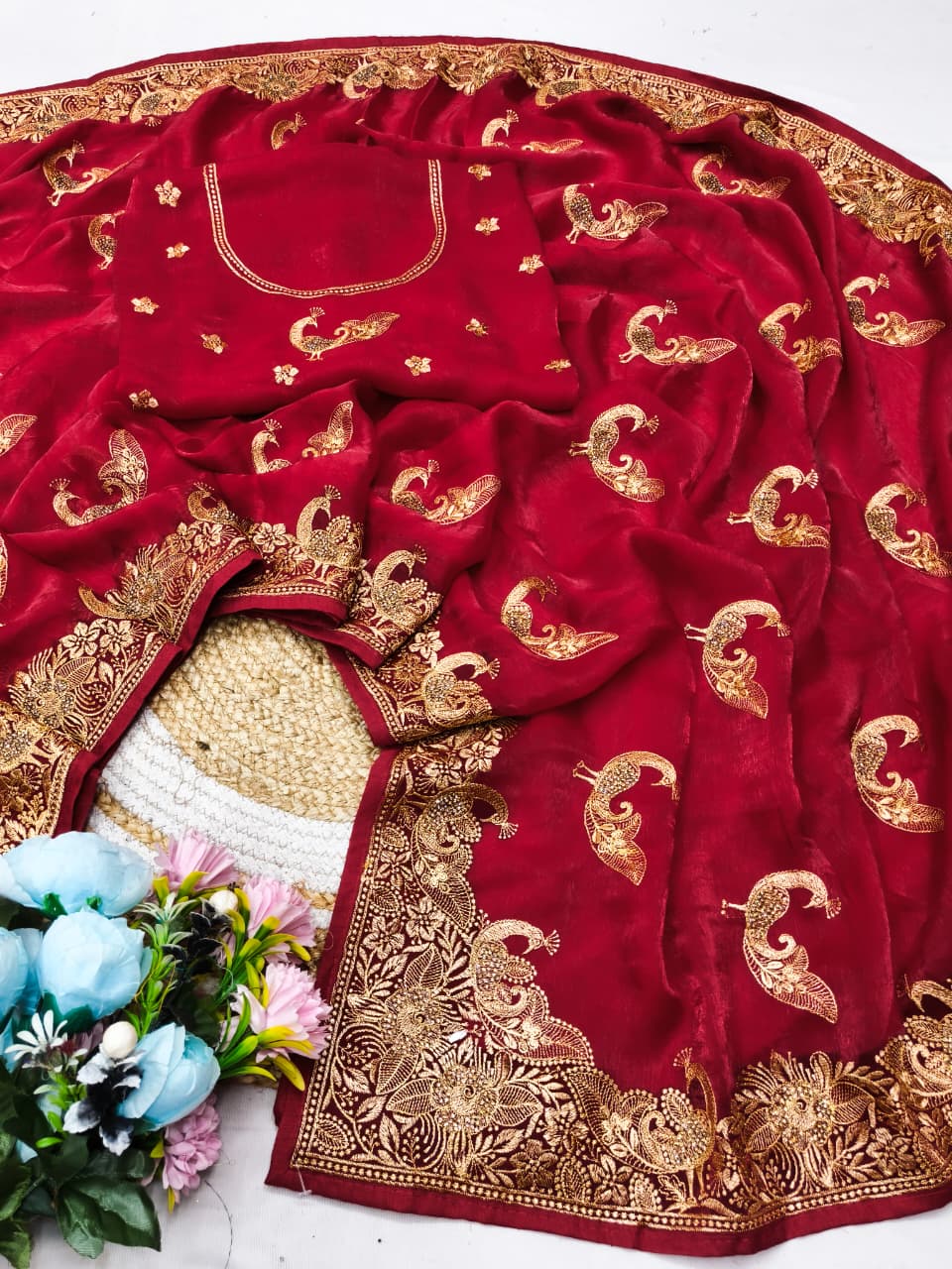 DF-DHARAMVEER SPACE SILK SAREE WITH BEAUTIFUL PEACOCK DESIGN EMBORIDERY WITH PEACOCK ON BODY ALSO WITH HEAVY BLOUSE