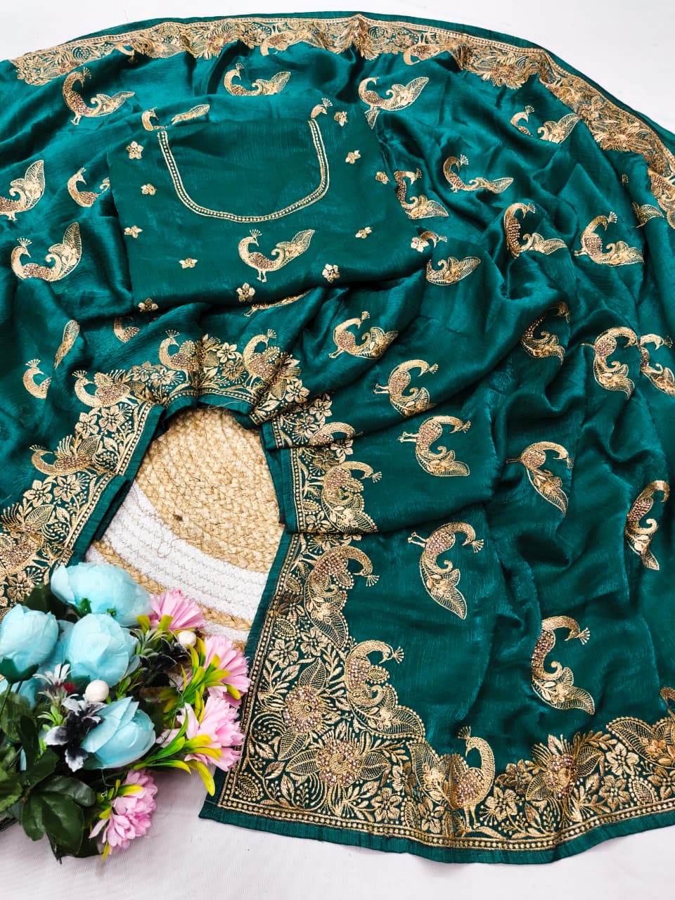 DF-DHARAMVEER SPACE SILK SAREE WITH BEAUTIFUL PEACOCK DESIGN EMBORIDERY WITH PEACOCK ON BODY ALSO WITH HEAVY BLOUSE