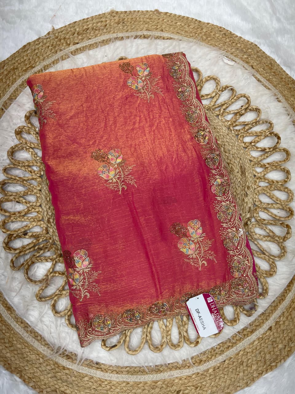 DF-AEESHA FENDI SILK SAREE WITH BEAUTIFUL EMBROIDERY WORK THREAD WORK WITH SIROSKI WORK