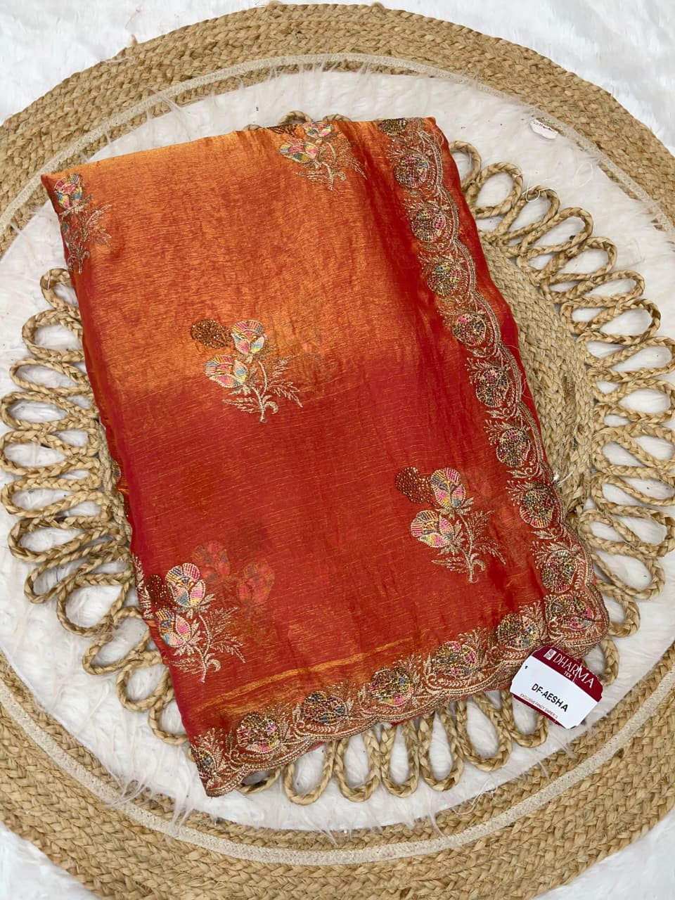 DF-AEESHA FENDI SILK SAREE WITH BEAUTIFUL EMBROIDERY WORK THREAD WORK WITH SIROSKI WORK