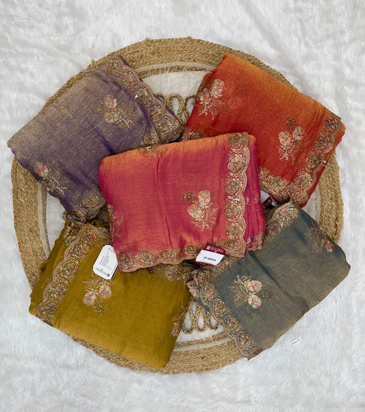 DF-AEESHA FENDI SILK SAREE WITH BEAUTIFUL EMBROIDERY WORK THREAD WORK WITH SIROSKI WORK