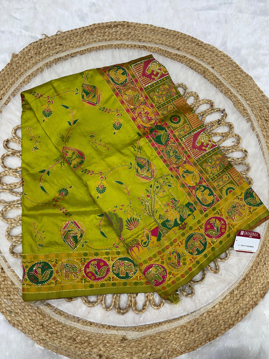 AJ-HEAVY-PASHMINA PASHMINA DIABLE SILK WITH HEAVY DESIGN WITH RICH PALLU AND TISSUE HEAVINESS WITH JARKAN WORK ALL OVER WITH LUXURY TASSELS