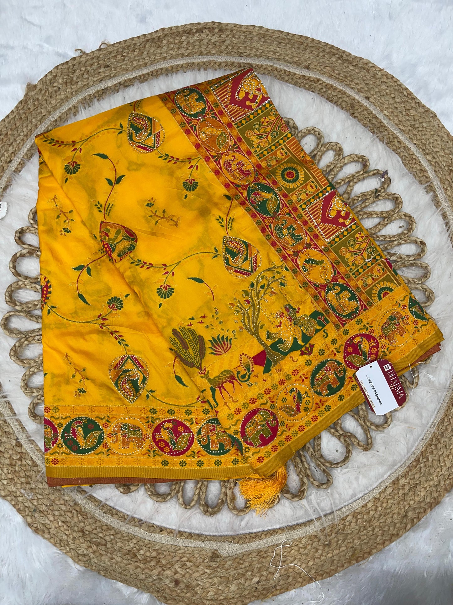 AJ-HEAVY-PASHMINA PASHMINA DIABLE SILK WITH HEAVY DESIGN WITH RICH PALLU AND TISSUE HEAVINESS WITH JARKAN WORK ALL OVER WITH LUXURY TASSELS