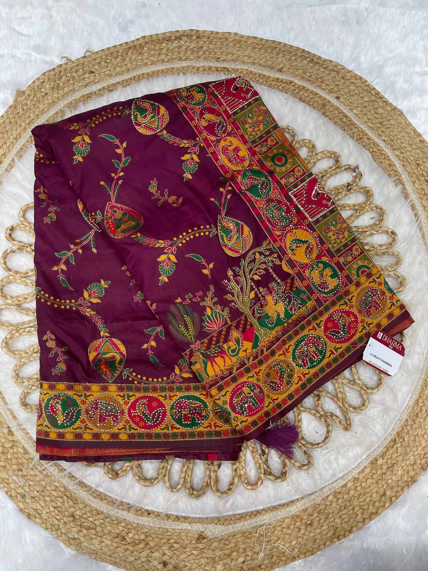 AJ-HEAVY-PASHMINA PASHMINA DIABLE SILK WITH HEAVY DESIGN WITH RICH PALLU AND TISSUE HEAVINESS WITH JARKAN WORK ALL OVER WITH LUXURY TASSELS