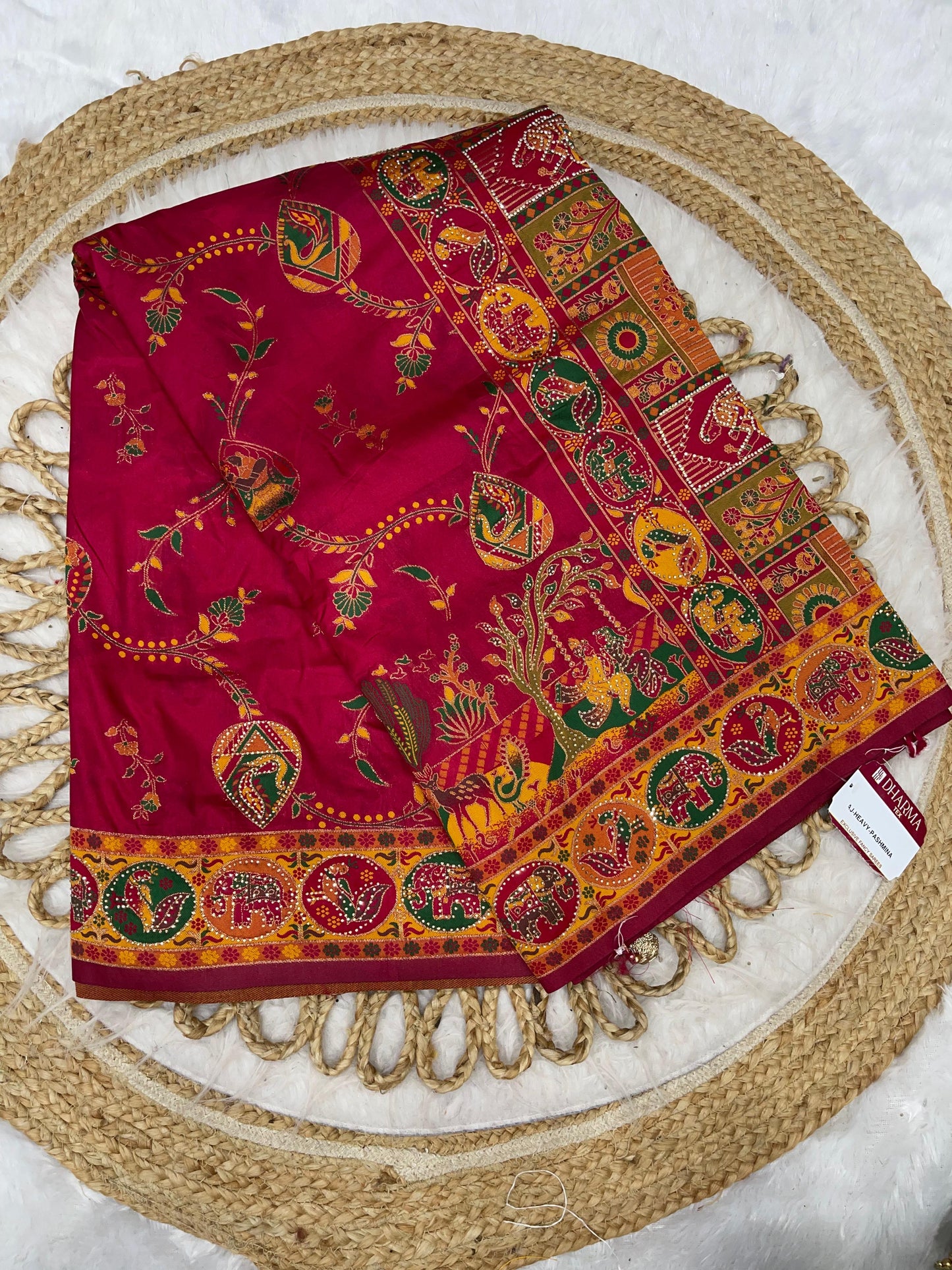 AJ-HEAVY-PASHMINA PASHMINA DIABLE SILK WITH HEAVY DESIGN WITH RICH PALLU AND TISSUE HEAVINESS WITH JARKAN WORK ALL OVER WITH LUXURY TASSELS