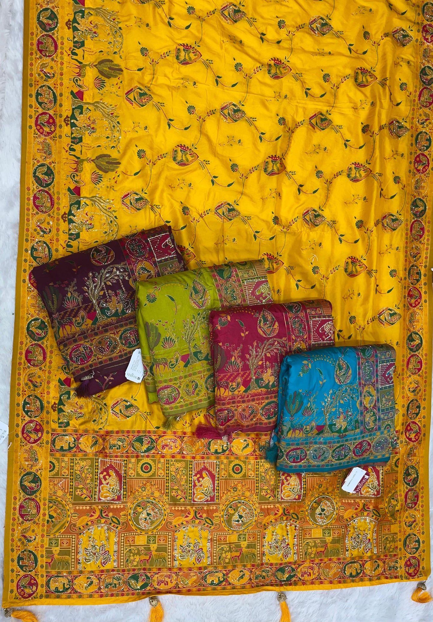 AJ-HEAVY-PASHMINA PASHMINA DIABLE SILK WITH HEAVY DESIGN WITH RICH PALLU AND TISSUE HEAVINESS WITH JARKAN WORK ALL OVER WITH LUXURY TASSELS