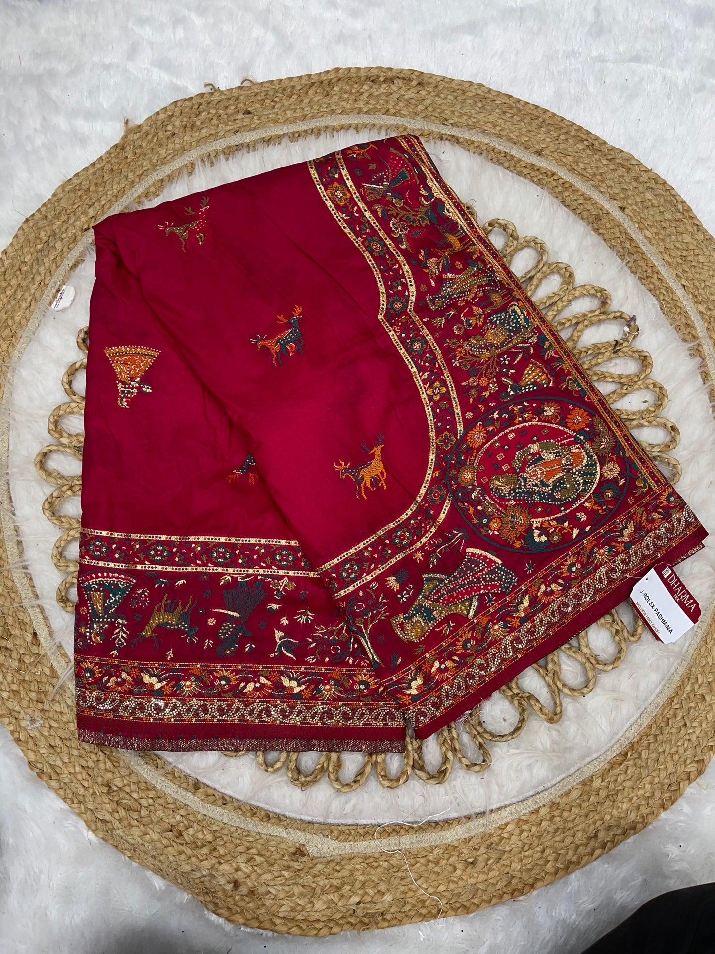 AJ-ROLEX-PASHMINA PASHMINA DIABLE SILK WITH HEAVY DESIGN WITH RICH PALLU AND TISSUE HEAVINESS WITH JARKAN WORK ALL OVER WITH LUXURY TASSELS