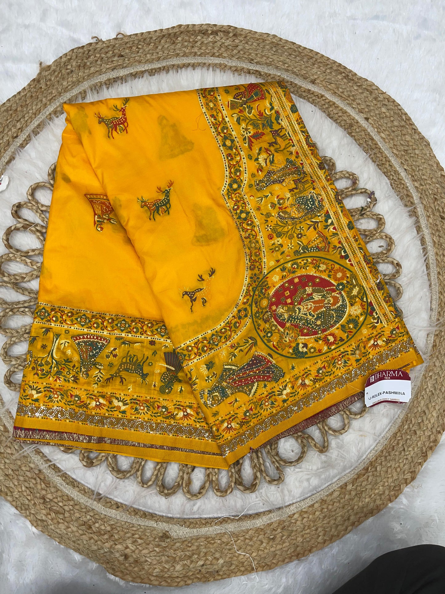 AJ-ROLEX-PASHMINA PASHMINA DIABLE SILK WITH HEAVY DESIGN WITH RICH PALLU AND TISSUE HEAVINESS WITH JARKAN WORK ALL OVER WITH LUXURY TASSELS